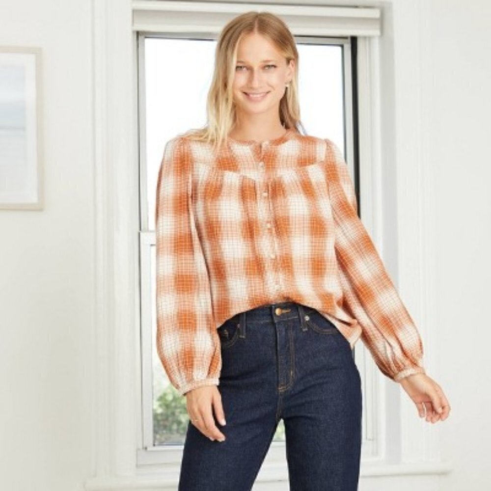 Plaid Puff Long Sleeve Button-Front Blouse